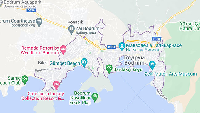 Курорт Бодрум на карте мира, Турция